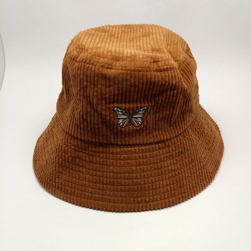 Corduroy Brown Embroidered Butterfly Bucket Hat 100% Cotton Y2K Casual
